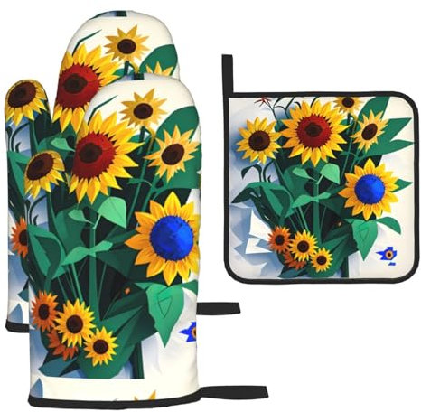 Set di guanti da forno con stampa di api di girasole, set di presine e presine, per la primavera/estate, per cucinare e barbecue