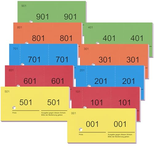 Nezyo Doppelnummern Nummernblöcke 1-1000, Rot, Blau, Gelb, Grün, Orange | 10 x 5 cm, Nummernblöcke Lose Nummeriert, Garderobenmarken Großpackung, Zahlenblöcke für Garderobe, Events, Party und Messen