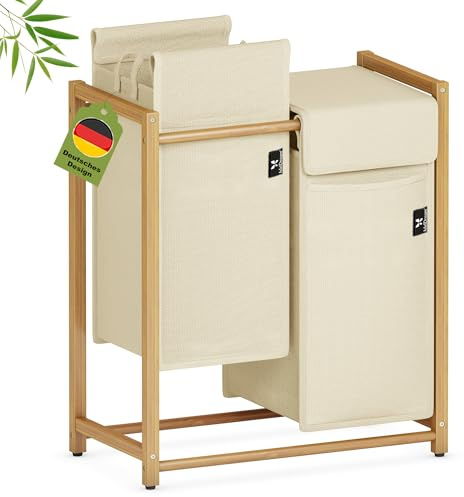 AdelDream Wäschekorb 100L, 2 Fächer Wäschesammler, Bambusrahmen