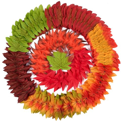 DOJoykey 200 hojas de arce otoñales, hojas artificiales de otoño de colores mixtos para decorar habitaciones temáticas otoñales, tarjetas, manualidades y día de Acción de Gracias