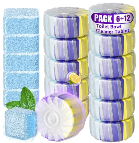 Nunemosk Toilet Rim Blocks, 12+6 Pack with Cleaning Tablets, Fresh Scent | Upgraded three-colour formula, Single and dual flush compatible, Individually wrapped, Designed for UK homes