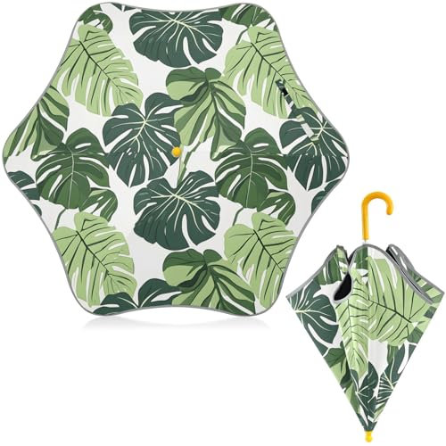 Green Monstera Deliciosa Pattern Kid Umbrella UV Protection Windproof Stick Umbrella with Curved Handle for Girls Boys
