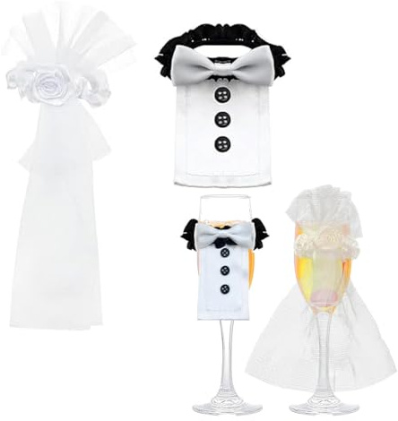 Glasdekoration Kleidung Hochzeitsdeko für Champagnerglas Sektglasüberzug Hochzeit Deko Mr & Mrs Glasdekoration Geschenke für Brautpaar Braut und Bräutigam Tischdeko JGA Verlobung Jubiläum Mini Kleid