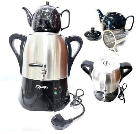 Juego de tetera turca, tetera eléctrica tipo samovar de acero inoxidable, tetera de 1 L y hervidor de 3 L, teteras dobles, con filtro y tapa, estilo moderno y familiar