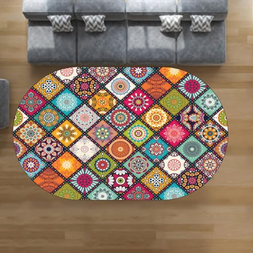 VARIKASHOM Alfombra ovalada para salón, salón, pelo corto, lavable, diseño de retales multicolor, verde agua, azul, verde, vintage, fucsia, 180 x 200 cm
