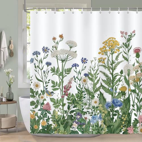 COZZSNUGE Duschvorhang 180 x 180 cm Blumen, Bunt Wildblumen Kräuter Grün Blätter Duschvorhänge Anti-schimmel Wasserdicht Polyester Stoff Badvorhang mit 12 Duschvorhangringen