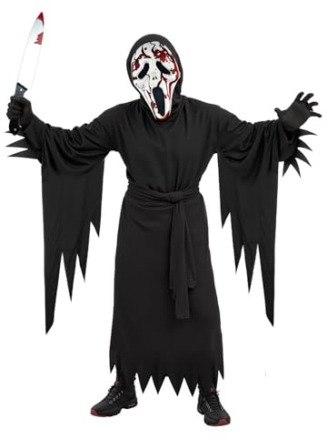 YYAQZD Halloween Scream kostym, sensenman med ghostface-mask och blodig kniv, engelike-filmdräkt, läskig Reaper, vuxen