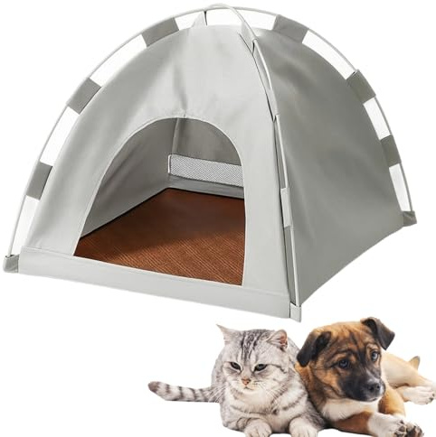 Small Cat Tent, Cat Tents for Outside, Outdoor Cat House, Pet Teepee With Cooling Mat, Portable Indoor Outdoor Pet Tent House for Cats, Puppies and Other Small Animals, 35x35x30cm (Grey)