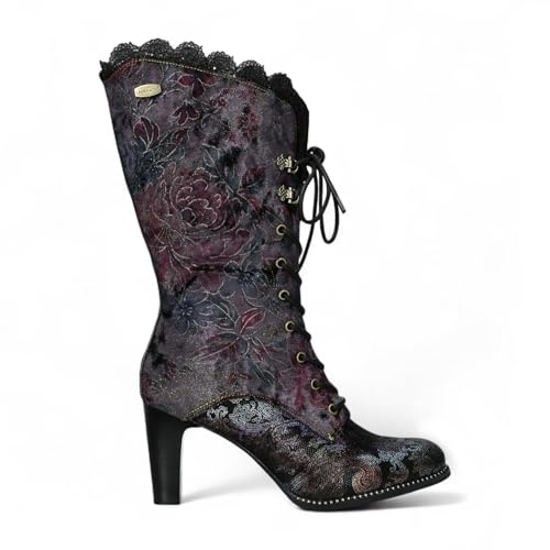 Laura Vita Alcbane 0351 Stivali con Tacco in Pelle Viola Floreale con Lacci in Stile Vittoriano Gotico da Donna - Tacco a Spillo Alto con Rifiniture in Pizzo Vintage a Metà Polpaccio
