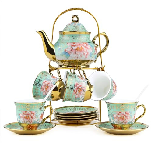 20Tlg Teeservice Porzellan Kaffeeservice, Teeset mit Metallhalter, 700ml Teekanne Keramik Teeset, Blumendesign Goldenem Rand, 6x160ml Tassen und Untertassen für Frauen Teeparty, Grün