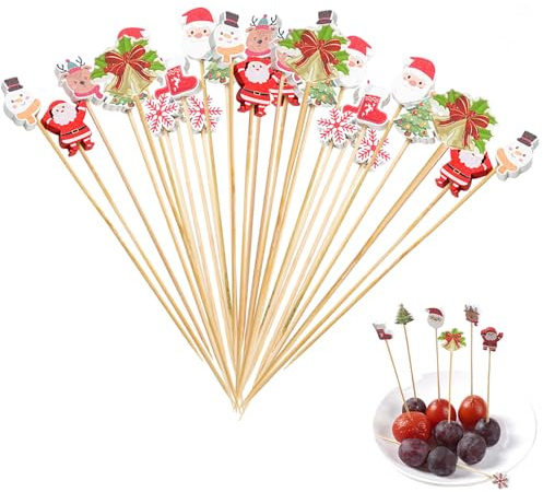 Christmas Cocktail Sticks,100PCS Snowman Santa Claus Elk Christmas Tree Bamboo Toothpicks,Food Fruit Skewers Sticks Cocktail Accessories for Drink Fruit Dessert Food Appetizerss (Mixed D)