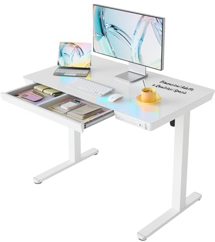 HUANUO 100 x 60 cm Sitt-Stå Skrivbord Justerbar i Höjd av Glas med Låda, USB-Laddare & Smart Panel med 3 Minnesinställningar, Vit Glas