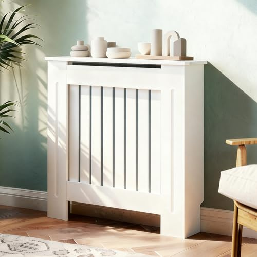 DUDUPIE Radiator Cover White Cabinet – Slatted Wooden Heater Cover with Shelf, Modern Painted MDF Radiator Cabinet for Living Room, Bedroom, Hallway (White, 82 * 78 * 19cm(H*W*D))