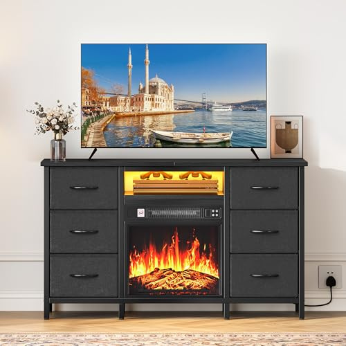 YITAHOME Elektrokamin mit Heizung, TV Schrank mit Kamin, Lowboard mit Elektrokamin 6 Schubladen, Kamin Elektrisch mit LED 3D-Flammeneffekt, Multifunktionaler Schubladenschrank (Schwarz)