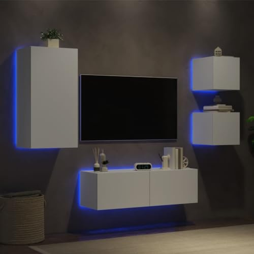 Solivagant Meuble TV muraux 4 pcs avec lumières LED Blanc,(49.93 KG)