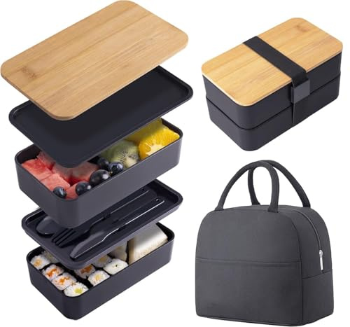 Layer Bento Box with Bamboo Lid Large Capacity Lunch for Student Office Workers Microwave Safe Food-Grade PP Stackable Compartments -Keeping Portable Dishwasher Bag