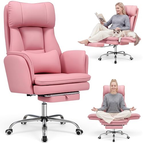 Warmiehomy Big and Tall Office Chair Comfy, Cross Legged Office Chair Pink | PU Computer Desk Chairs, Flip Armrests for Pets and Cross Legged, Ergonomic Office Chair with Footrest, Lumbar Support, Wide