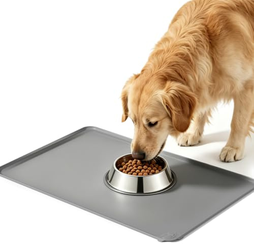 Silikon Futtermatte 61×40, wasserdicht mit hohem Rand,Hunde Katzen grau | Drinnen & draußen Futterbereich, 1cm hoher Überlaufrand, schnell trocknendes Silikon,, geeignet für Katzen Hunde
