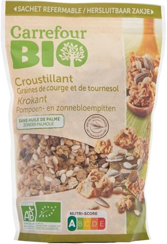 Un petit déjeuner gourmand et pratique avec CARREFOUR BIO Muesli Graines de Courge et de Tournesol Bio, sachet refermable de 375g - Lot de 3