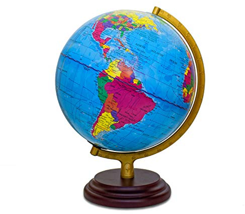 Magellan Cimbria globe lumineux avec carte politique et éclairage LED économique, diamètre 25 cm, globe avec socle en bois brun rougeâtre carte politique 25 cm
