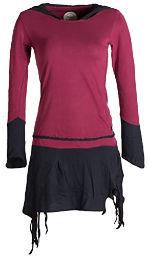 Vishes - Alternative Bekleidung - Zweifarbiges, asymmetrisches, Langarm Zipfel Elfenkleid im Lagenlook aus Biobaumwolle dunkelrot-schwarz 32