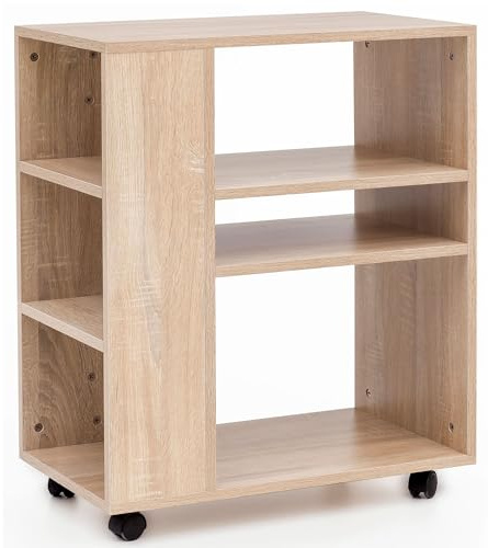 Wohnling Regalwagen 60x35x75 cm Sonoma mit Rollen | Küchenregal schmal mit 6 Fächern, Rollwagen mobil für Küche und Büro, Telefontisch mit Stauraum, Regal vielseitig