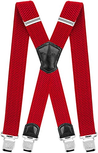 Decalen Bretelle Uomo Eleganti Extra Forte Clip Taglia Unica per Uomini e Donne Grandi e alti Larghezza Regolabile di 4 cm e Forma a X Elastica (Rosso)