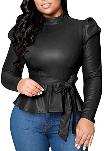 acelyn Women's Matte Mock Neck Turtleneck Long Sleeve Faux Leather Shirts Blouse Top with Belted Black XL