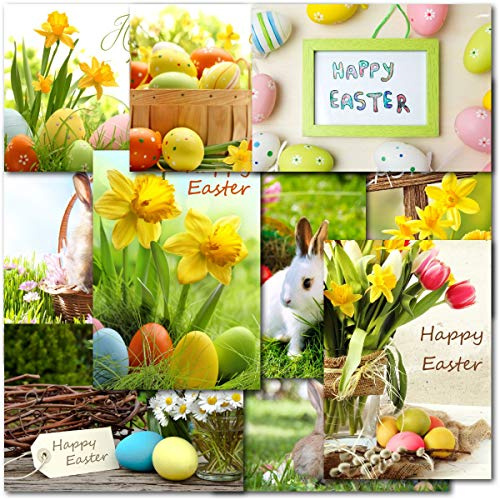 doodlecards Pack of 10 Mixed Easter Cards with Envelopes. Eggs Daffodils Rabbits Flowers Cards. Happy Easter Inside. Printed in UK, 100% Recyclable.