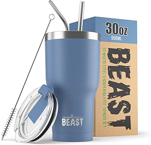 Beast Tumbler - 900 ml (30 oz), Blue | Reusable Stainless Steel, Vacuum Insulated Cup | with + 2 Straws & Cleaning Brush | Double Wall Travel Flask Perfect for Hot or Iced Coffee | BPA Free