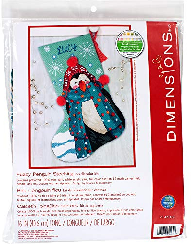 Dimensions 71-09160 Fuzzy Nadelspitze DIY Weihnachtsstrumpf, 12 Netzleinen, 40,6 cm lang, Leinwand, Acryl, Wolle, Flauschiger Pinguin, 16 Long