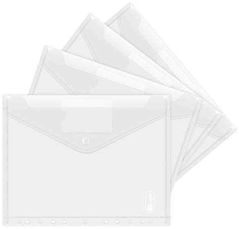 Dokumententasche A4 20 pack- Transparent Druckknopf A4 Dokumentenmappe Sammelmappen für Dokumente Organisieren mit Binderlöcher und Etikettentasche wasserdicht