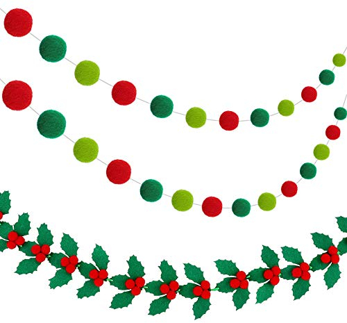 Tatuo 3 banderines de fieltro de Navidad con pompones rojos y verdes, guirnaldas de fieltro para Navidad, hojas de acebo y bayas