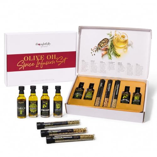 Thoughtfully - Olive Oil Spice Infusion Set - Geschenkbox für 7 leckere Öl-Mischungen | 4 Olivenöle und 3 Gewürzmischungen im Geschenkkarton - originelles Geschenk für Feinschmecker und Köche