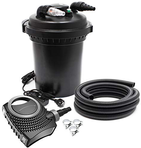 SunSun Komplettset: CPF-500 Teichdruckfilter bis 30000 L mit 18 Watt UV-C Teichklärer, NEO10000 SuperECO Teichpumpe 10000l/h 80W, 10m Teichschlauch 38 mm (1 1/2), Schlauchschellen W1 44-47mm