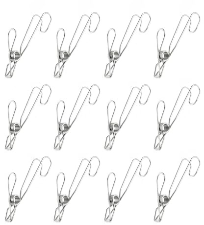 12 Pack Long Tail Clip with Hooks Clothes Pin, Cord Clothes Pins Hanging Peg Clips Utility Clips for Laundry Outdoor Clothesline Kitchen Camping