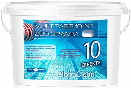 GlobaClean Chlor Multitabs 10 in 1 - Zwei Phasen Chlortabletten für Pool mit 10 Funktionen - Desinfektion von Poolwasser und Filter - 200g Tabletten im 3kg Eimer