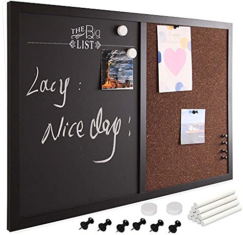 Bakaji Lavagna Magnetica con Bacheca Memo in Sughero Combinata 60 x 40 cm Cornice in Legno con Set Gessetti 2 Magneti e 6 Puntine Design Moderno Lavagnetta Casa Cucina Ufficio (Nero)