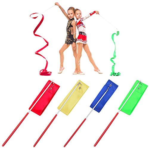 YUTOU 4 Stück Regenbogen Gymnastikband Kinder 2 Meter Tanzband Gymnastikband mit Stab Rhythmische Sportgymnastik Band Tanzen Streamer für Kinder Mädchen Kunsttänze (4 Fraben)