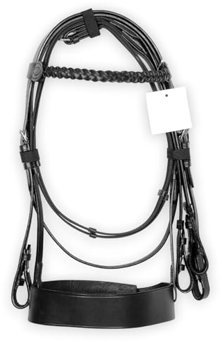 Horse Riding Hunter Bridle Plaited Browband and 2'' Noseband with Strong Anti slippery Reins and Stainless Steel Fittings - Racing Jumper Ring Show Para-Equestrian Training Equipment (BLACK) (FULL)