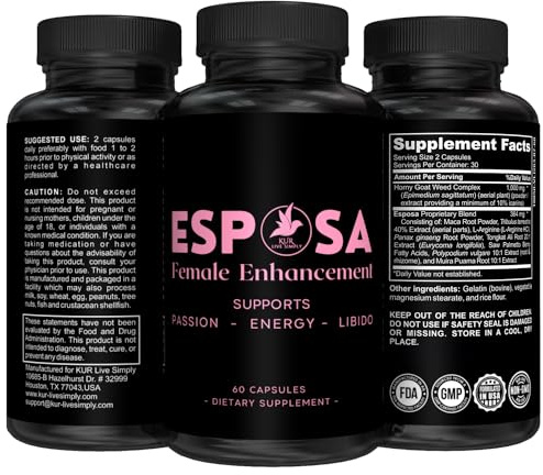 Esposa Female Libido Support for Women – Reignite Passion, Increase Energy & Sensitivity, Boost Mood & Desire – Made in USA Natural Female Enhancement Supplement with Horny Goat Weed – 60 Pills