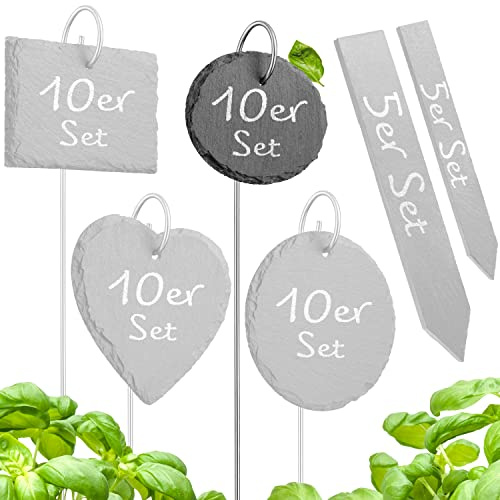 Tiny Garden Pflanzenschilder für draußen wetterfest aus Schiefer - Pflanzenstecker zum beschriften, Kräuterschilder, Blumenschilder, Pflanzenschilder - 10er Set Oval