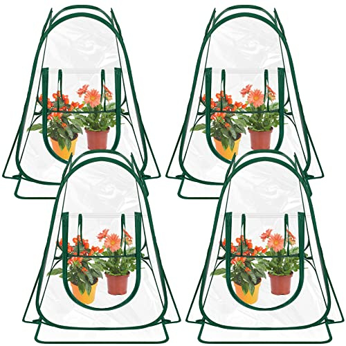 Woanger 4 Stück Pop-Up-Gewächshaus 68 x 68 x 79 cm Mini-Gewächshaus, tragbare Pflanzen-Blumentopfabdeckung, kleines Gewächshaus für drinnen und draußen, Einzelpaket, mit Werkzeug
