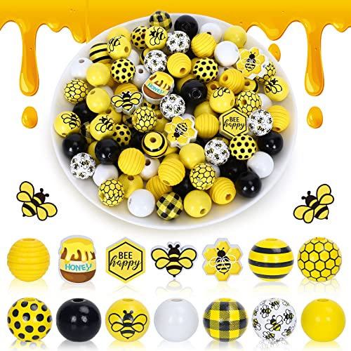 Whaline 220 Stück Bienenholzperlen, Bienenwaben, Honigglas, Biene, glückliche Holzperlen, bunte Frühling, Sommer, Handwerk, lose Perlen mit Hanfseil für DIY-Handwerk, Halsketten, Heimdekoration