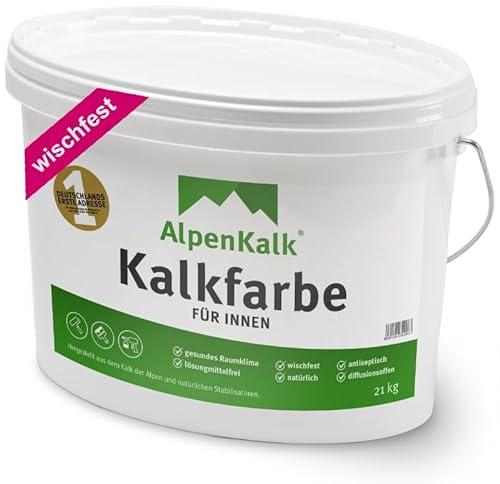 AlpenKalk Weiße Kalkfarbe für Innenräume I 21 kg für ca. 100m² I Hochdeckend & wischfest für ein natürliches Raumklima I Atmungsaktiv mit Anti-Schimmel Formel I Perfekt für Allergiker & Kinder