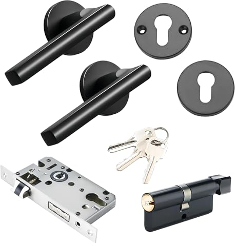 Qrity Set de Serrure de Porte D'intérieur, Poignée de Porte à Levier, Accessoires de Porte pour Portes de Chambre à Coucher, Serrure de Poignée de Porte avec Clés, Noir