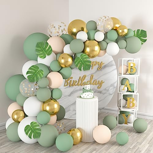 WAREHOUSE Globos de Cumpleaños, 138 Piezas Globos Con Oro Verde Salvia y Blancos Para la Decoración de Cumpleaños, Decoración de la Boda, Bautizo