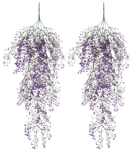 2 Piezas Cesta Colgante Flor Artificial, Plantas Artificiales, Flores Colgantes, Colgantes Hiedra, Plantas Artificiales Exterior, Plantas Colgantes Artificiales para Hogar, Jardín, Boda(Violeta, 85cm)