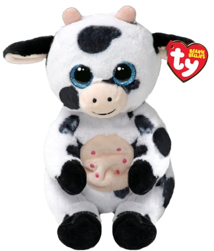 Ty Beanie Bellies - Herdly ko med blå ögonfransar, de ursprungliga mjuka plyschdjuren med mjuk lugg 20 cm - T41287
