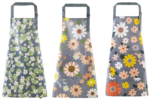 3 Stück florale Schürzen mit Taschen, Küchenschürzen für Frauen, wasserdicht, verstellbar, faltenresistent und leicht zu reinigen Küchenschürzen zum Kochen, Grillen, Gartenarbeit und Salon verwenden